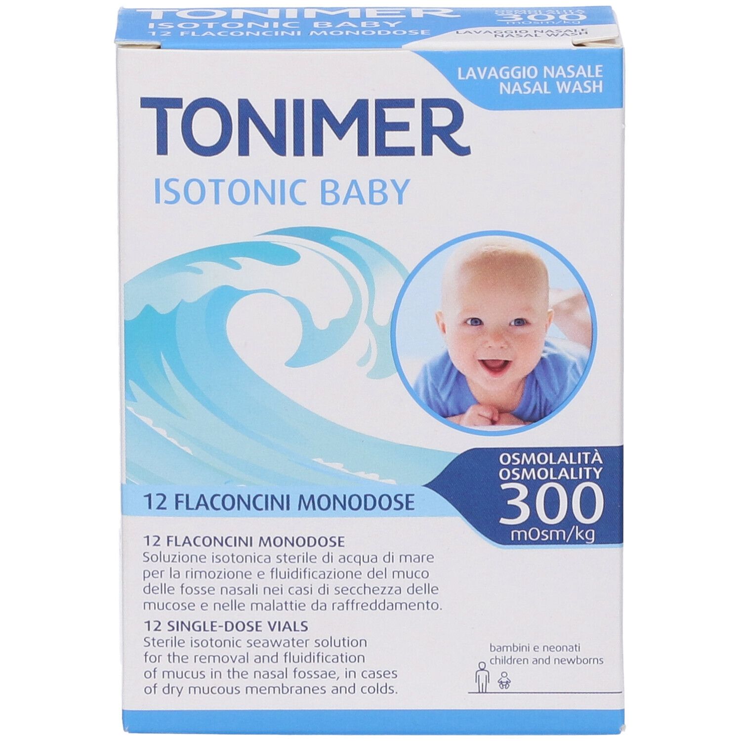 Vorderansicht der TONIMER ISOTONIC BABY-Verpackung. Produktname, Baby-Illustration, Wellen. 12 Fläschchen.