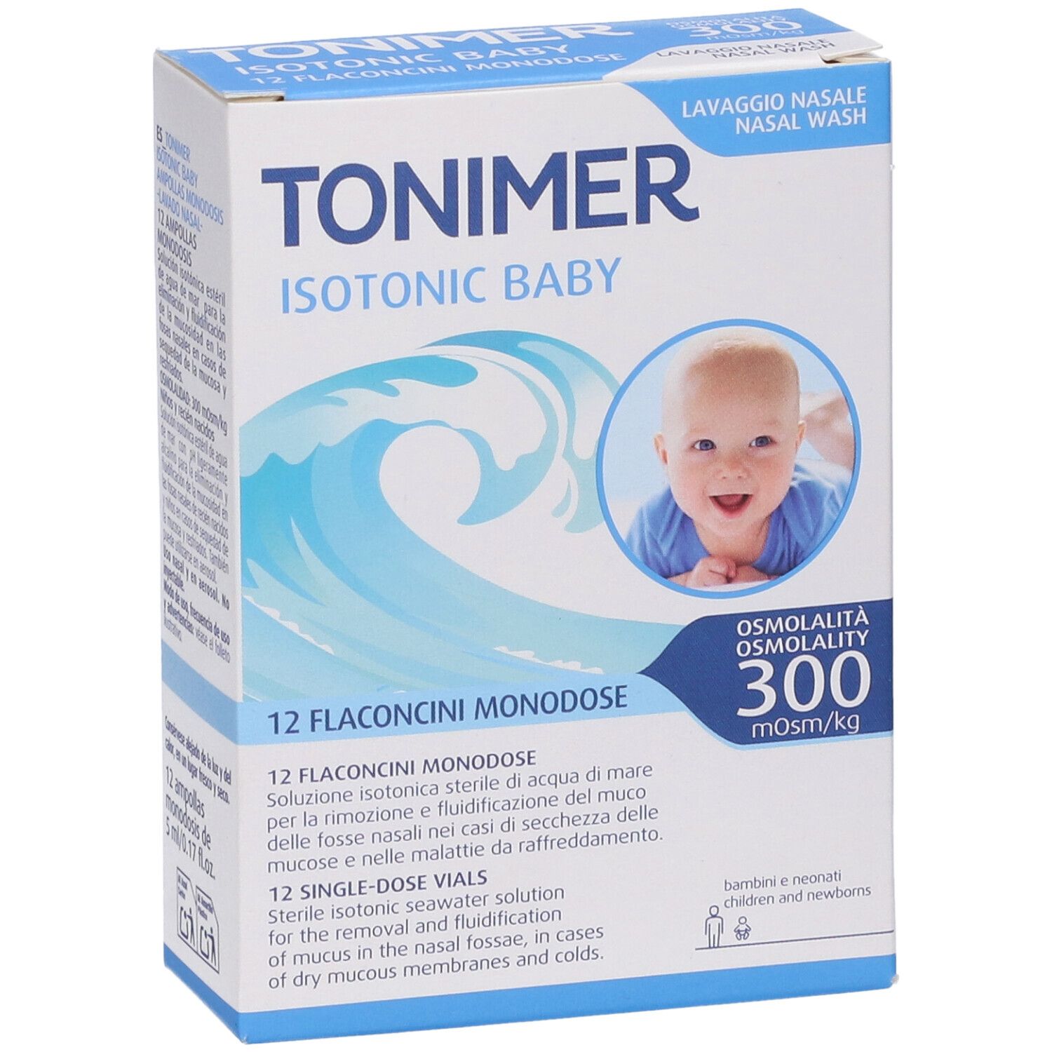 Vorderansicht der TONIMER ISOTONIC BABY-Verpackung. Produktname, Baby-Illustration, Wellen. 12 Fläschchen.