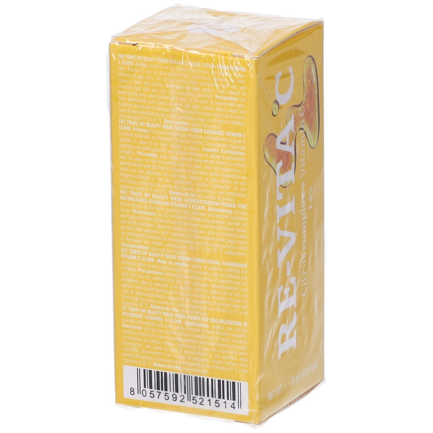 Retro della confezione RE-VITA C, con ingredienti e codice a barre.