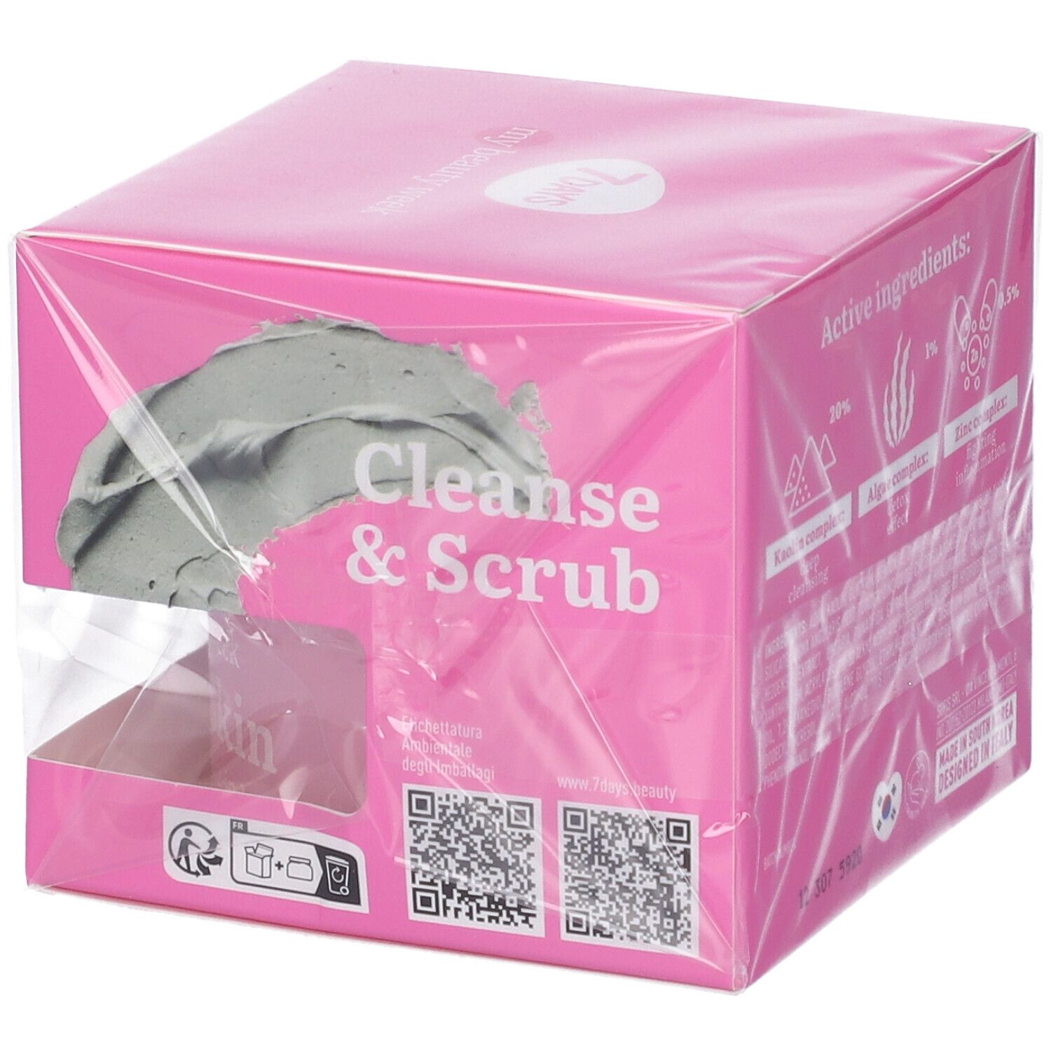 Confezione con immagine di maschera all'argilla. "Cleanse & Scrub".