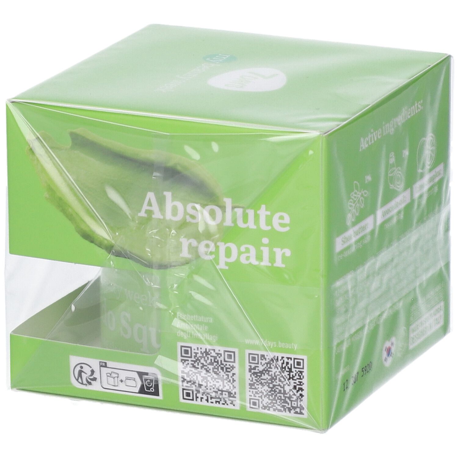 Confezione di maschera notte all'avocado con "Absolute Repair" e illustrazione di avocado.