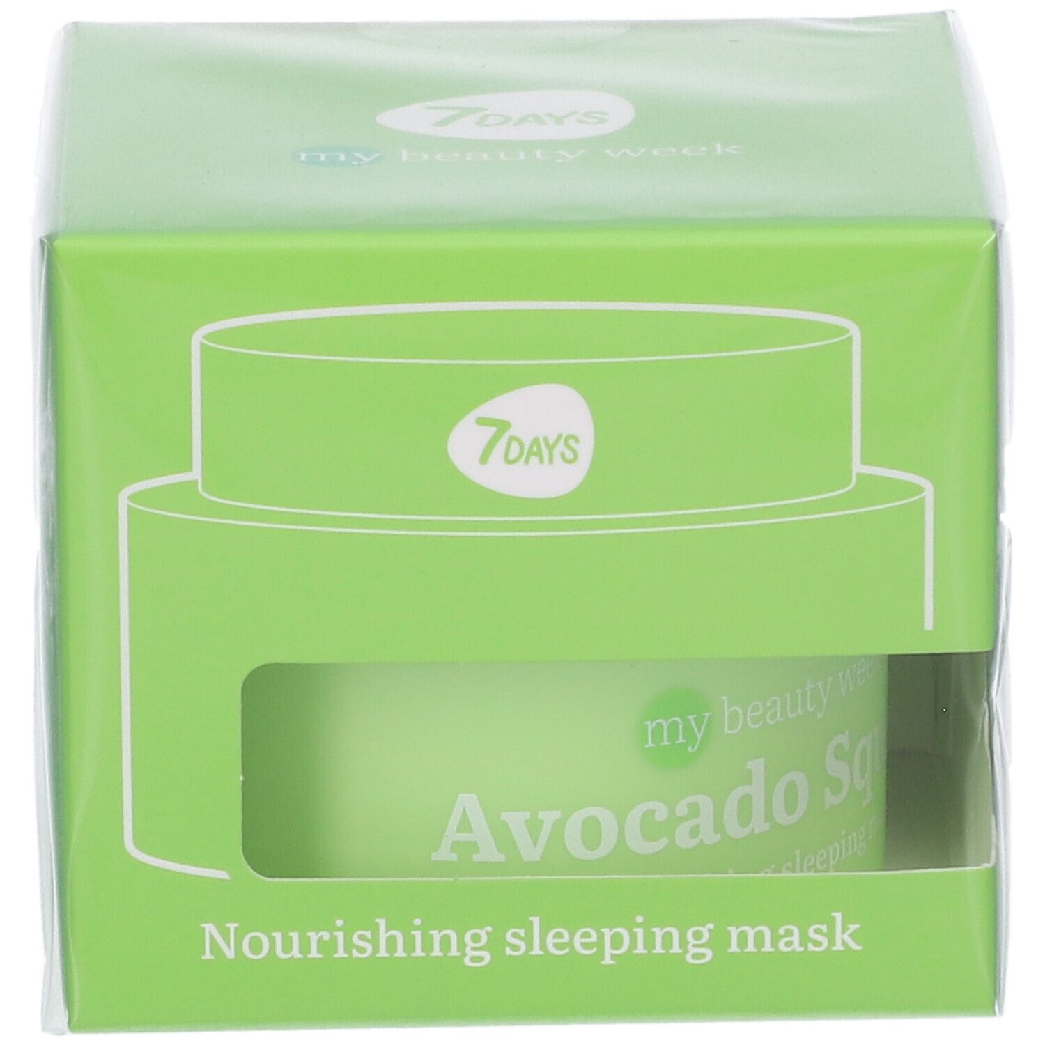 Confezione di maschera notte all'avocado con logo 7DAYS e finestra per visualizzare il prodotto.