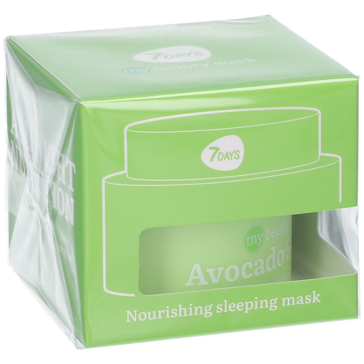 Confezione di maschera notte all'avocado con logo 7DAYS, illustrazione del prodotto e finestra.
