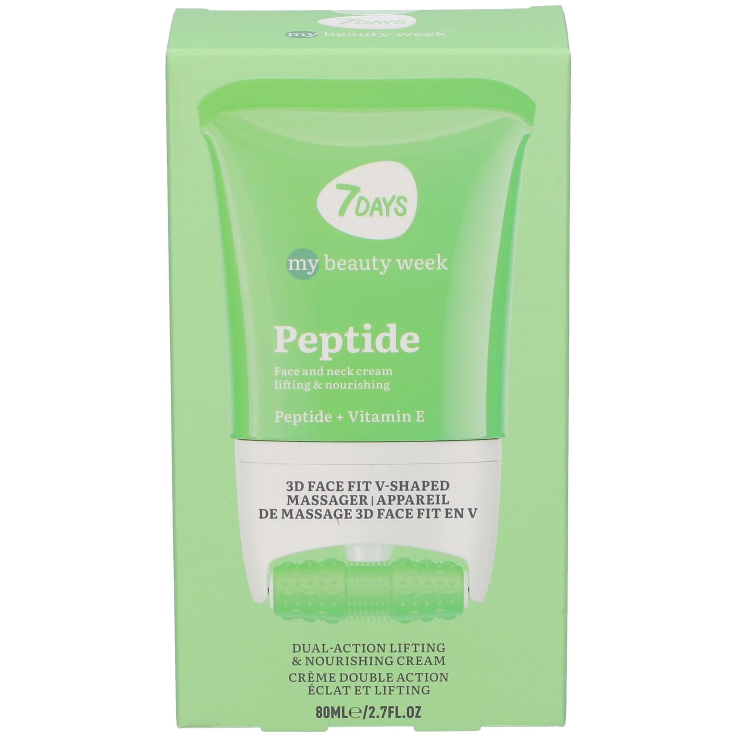 Confezione con un tubetto di crema viso e collo con applicatore a rullo 3D integrato.