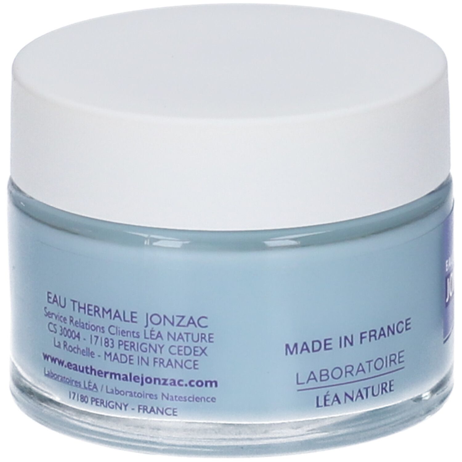 Blaues Creme-Gel-Glas mit weißem Deckel. Aufschrift: Eau Thermale Jonzac, Made in France, Laboratoire Léa Nature. Website-Adresse.