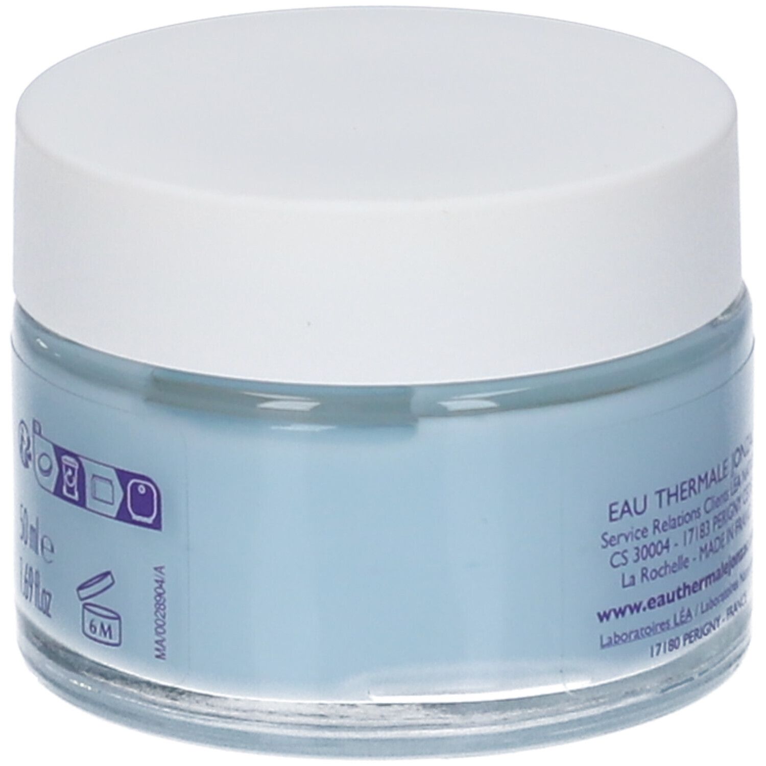 Blaues Creme-Gel-Glas mit weißem Deckel. Aufschrift: Eau Thermale Jonzac. Informationen zur Haltbarkeit und Recycling-Symbol.