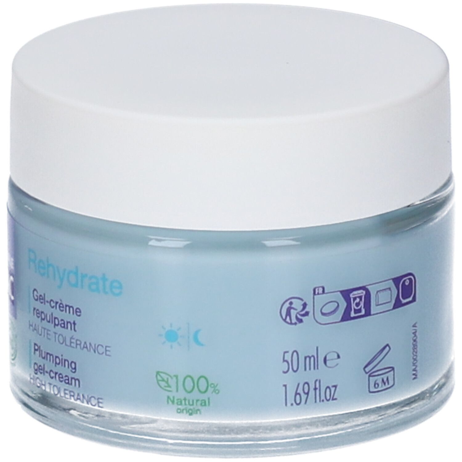 Creme-Gel-Glas, blau, mit weißem Deckel. Aufschrift: Rehydrate, Gel-crème repulpant, Haute Tolérance, 50 ml, 1.69 fl.oz. 100% Natural origin.