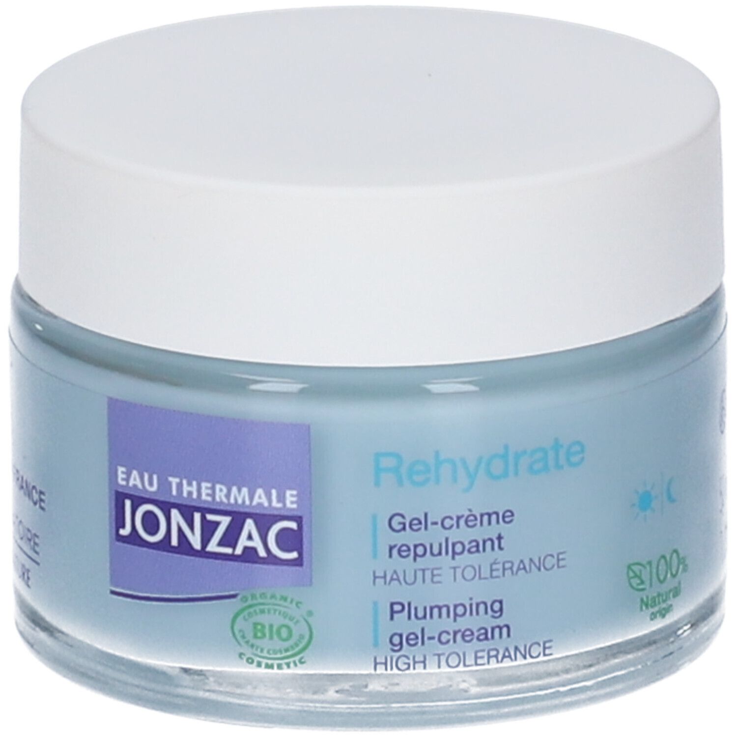 Creme-Gel-Glas, blau, mit weißem Deckel. Aufschrift: Eau Thermale Jonzac, Rehydrate, Gel-crème repulpant, Haute Tolérance. Bio-Zertifizierung.