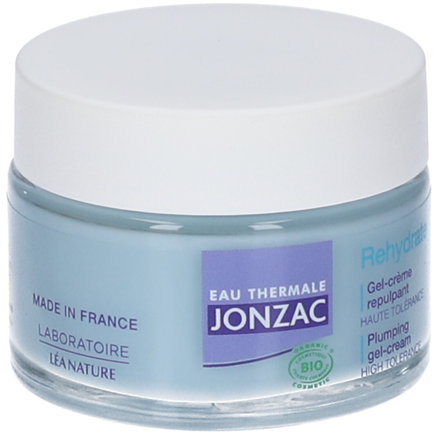 Creme-Gel-Glas, blau, mit weißem Deckel. Aufschrift: Eau Thermale Jonzac, Rehydrate, Gel-crème repulpant, Haute Tolérance. Made in France.