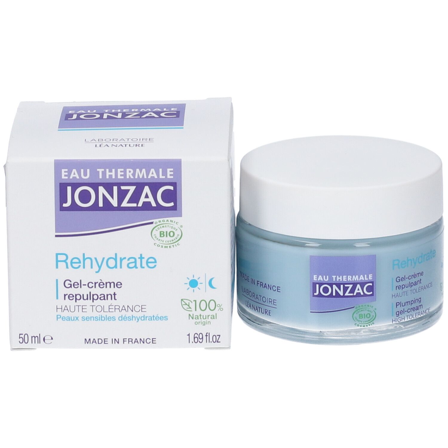 Creme-Gel-Glas und Schachtel. Aufschrift: Eau Thermale Jonzac, Rehydrate, Gel-crème repulpant, Haute Tolérance, 50 ml, 1.69 fl.oz. 100% Natural origin.
