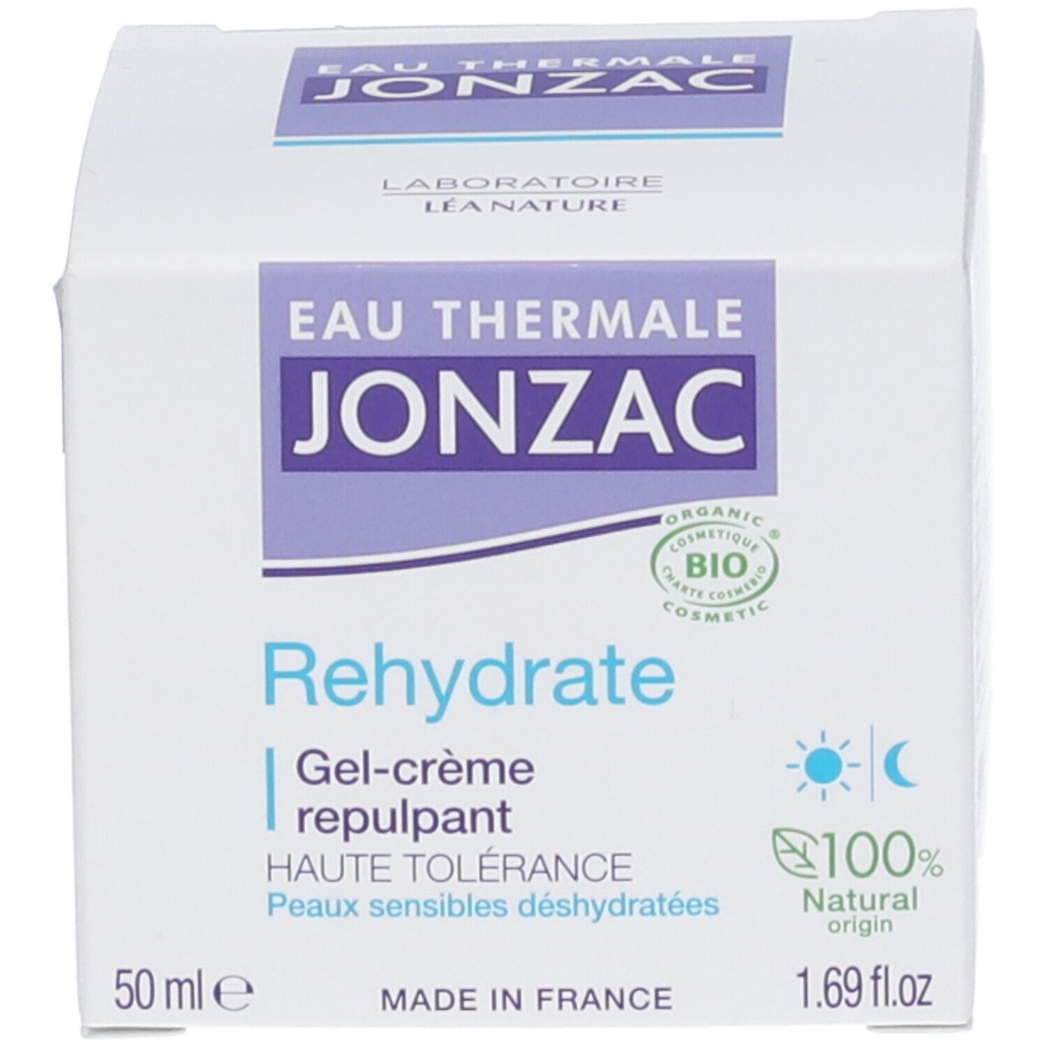 Schachtel. Aufschrift: Eau Thermale Jonzac, Rehydrate, Gel-crème repulpant, Haute Tolérance, 50 ml, 1.69 fl.oz. 100% Natural origin.