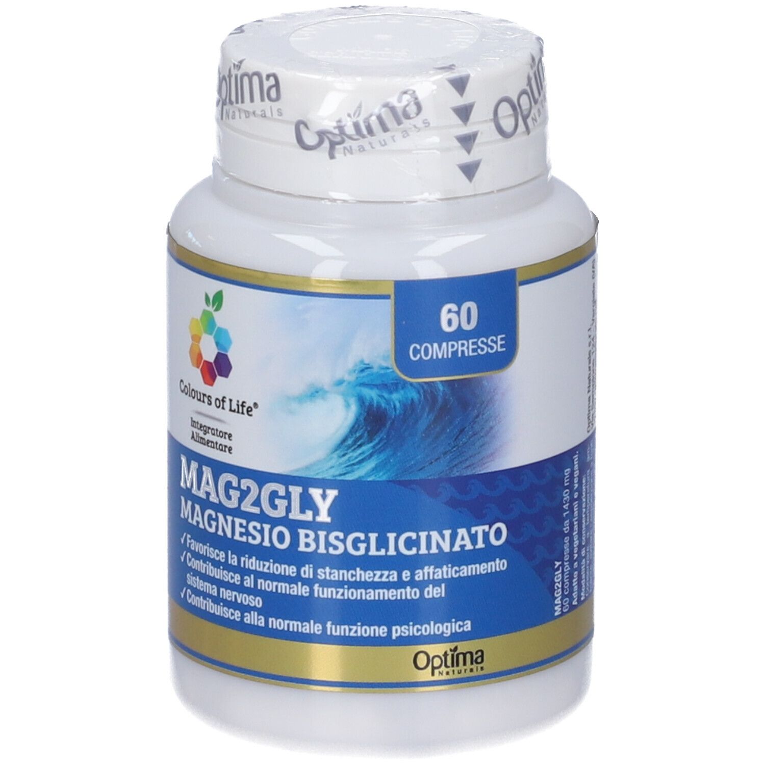 Magnesium Bisglycinat MAG2GLY Kapselbehälter mit 60 Tabletten und Wellenmotiv.