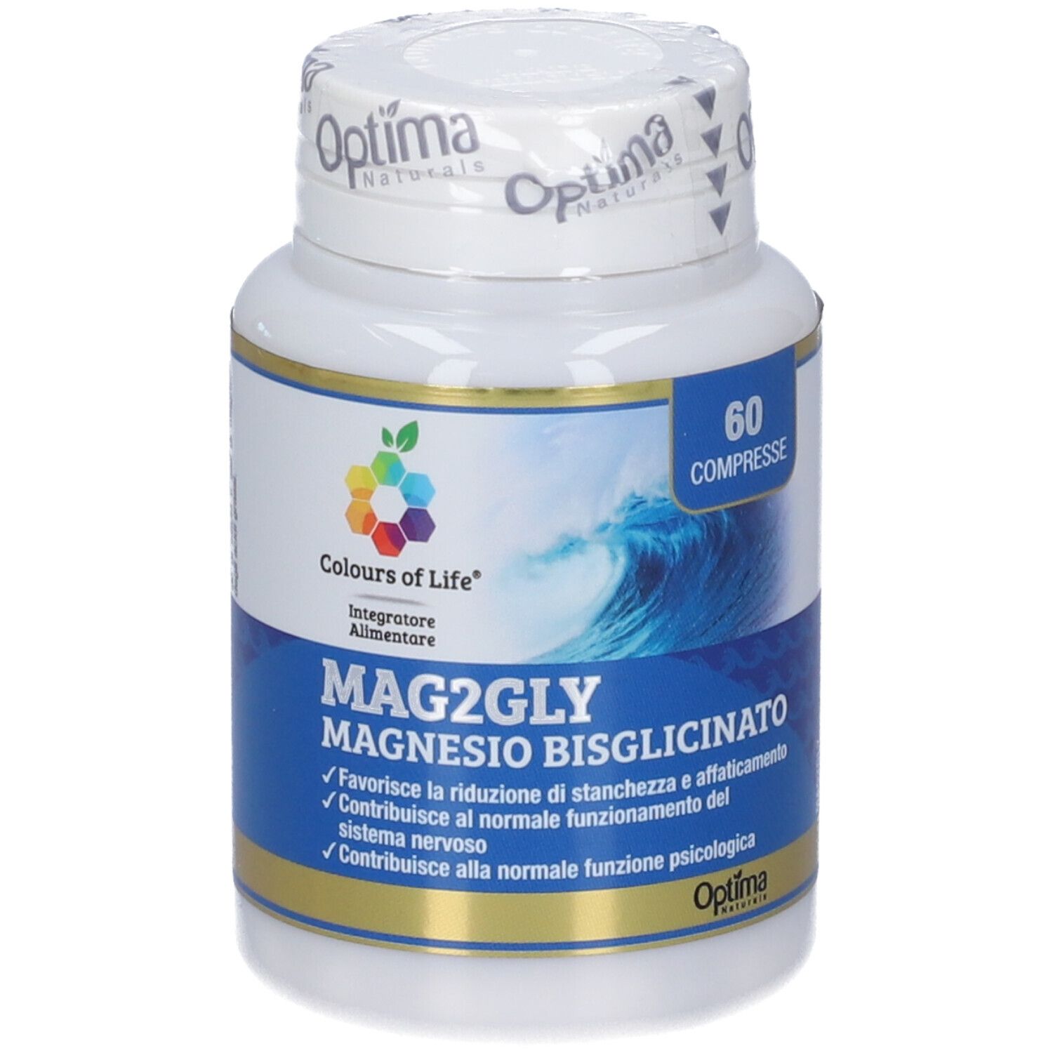 Magnesium Bisglycinat MAG2GLY Flasche, Vorderseite mit Wellenbild und 60 Tabletten.