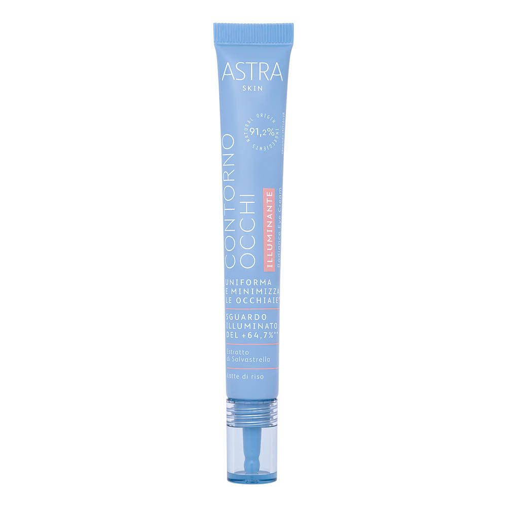 Tubo blu e bianco con nome e testo del prodotto. Include un applicatore. Marchio: ASTRA SKIN. Testo: Contorno Occhi Illuminante.