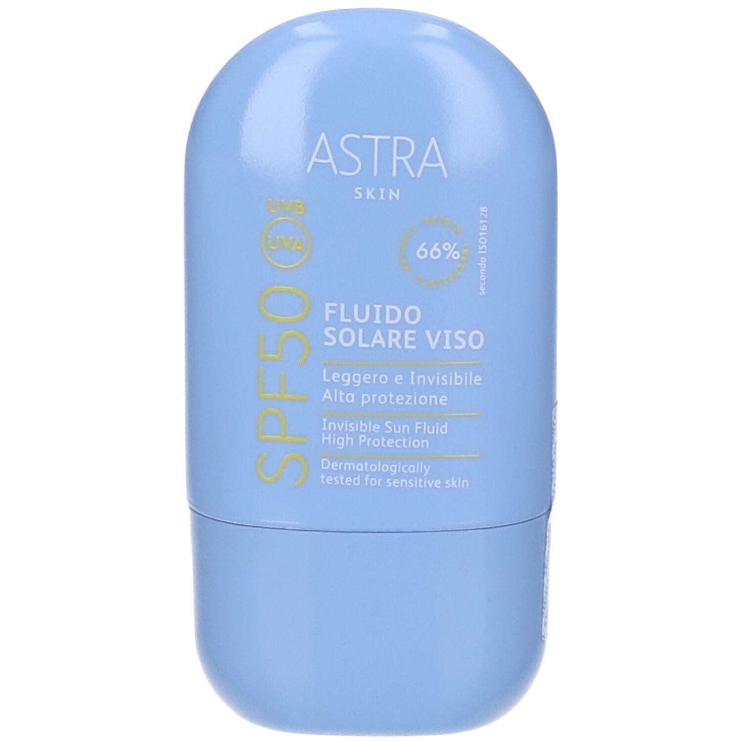Flacone azzurro con scritta SPF50 gialla. Scritta: ASTRA SKIN, FLUIDO SOLARE VISO, 66%. Dermatologicamente testato.