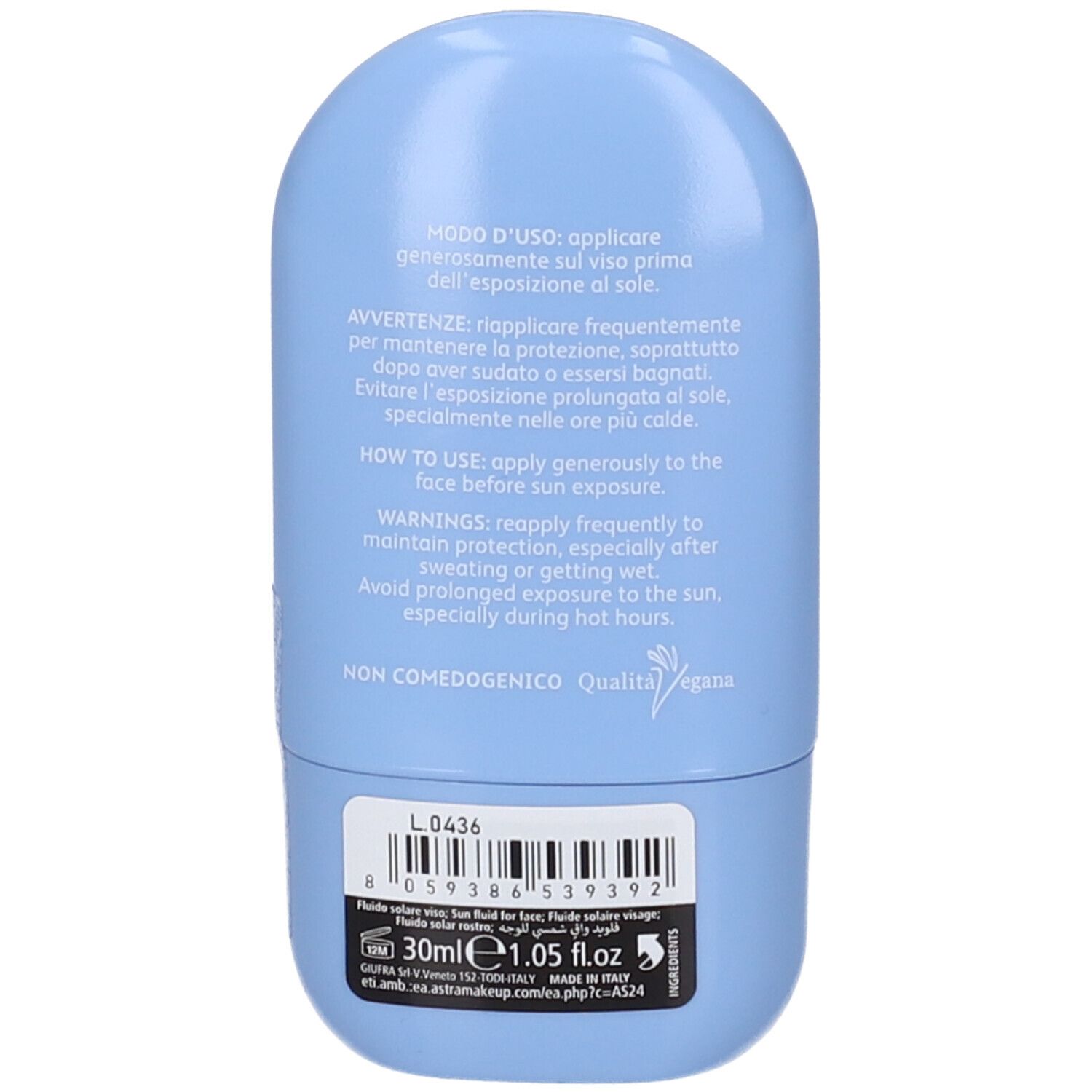 Flacone azzurro, retro. Testo: Modo d'uso, Avvertenze, How to use, Warnings. Codice a barre e informazioni prodotto.