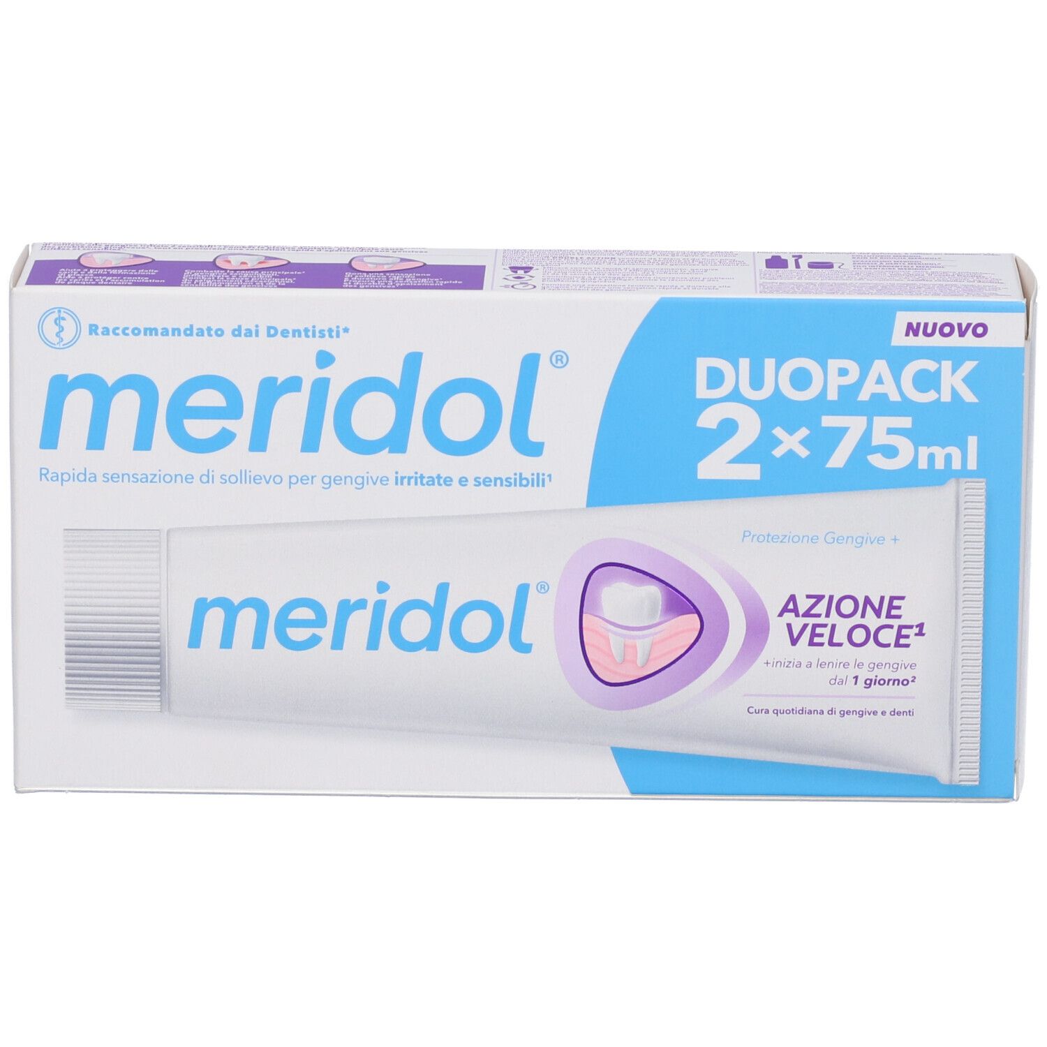 Meridol Duopack Zahnpasta, 2x 75ml, mit schnellem Handlungs-Symbol.