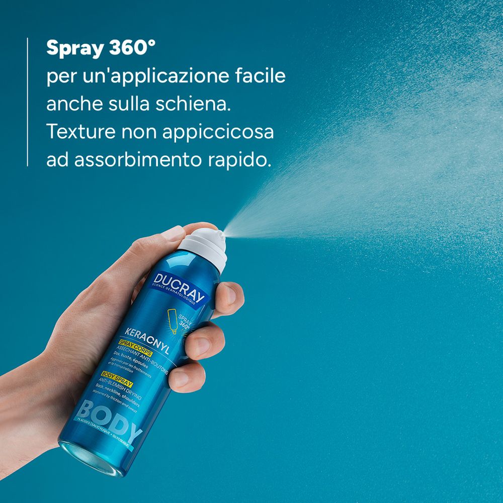 Mano che spruzza spray Ducray Keracnyl. Testo sulla funzione spray 360° e rapido assorbimento.