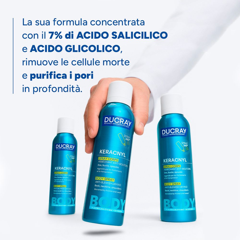 Tre flaconi di spray Ducray Keracnyl. Testo sulla formula concentrata con acido salicilico.