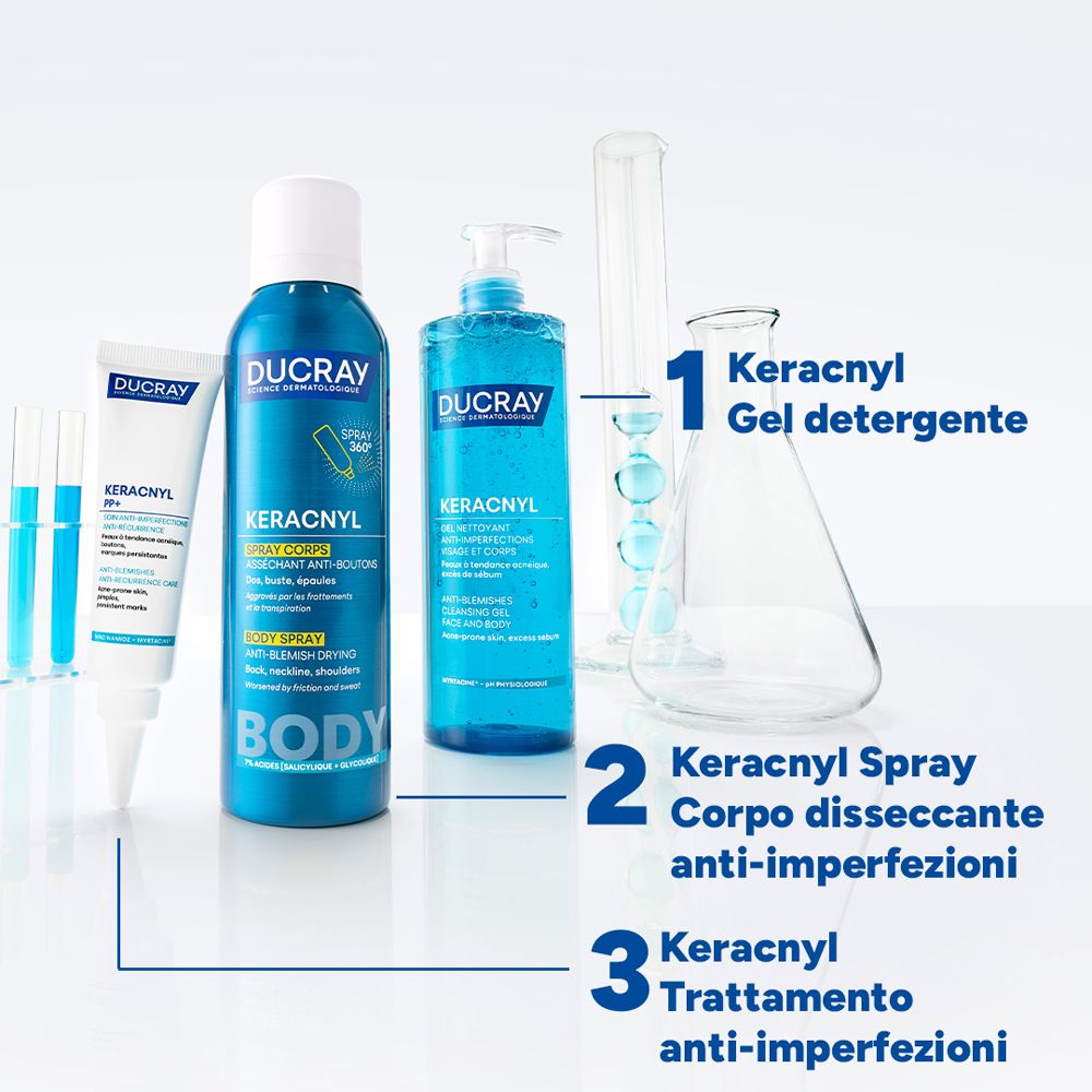 Strumenti di laboratorio e prodotti Ducray Keracnyl: Gel, Spray, Trattamento. Numerazione prodotti.