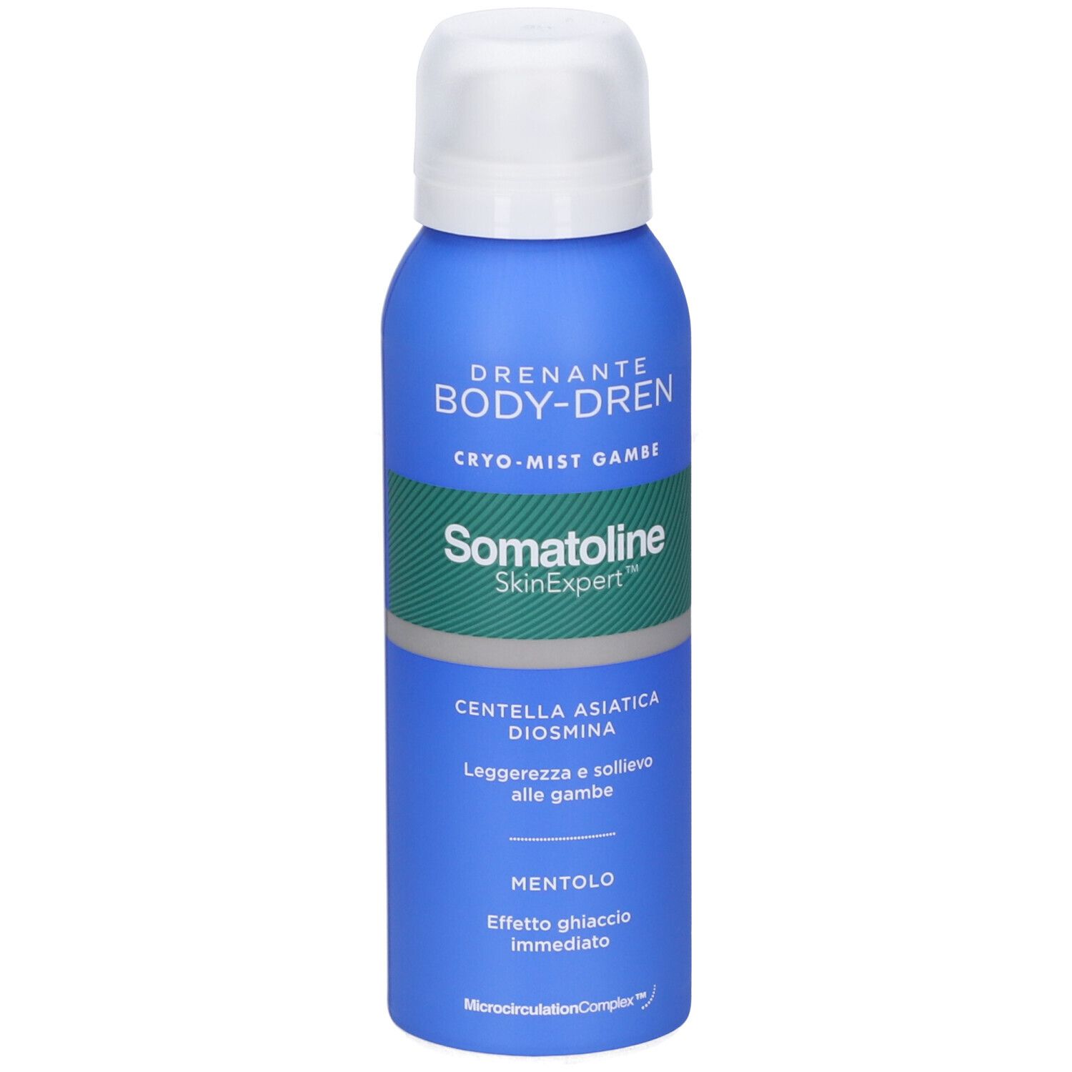 Vorderansicht der blauen Somatoline Body-Dren Cryo-Mist Sprühflasche mit weißem Verschluss.