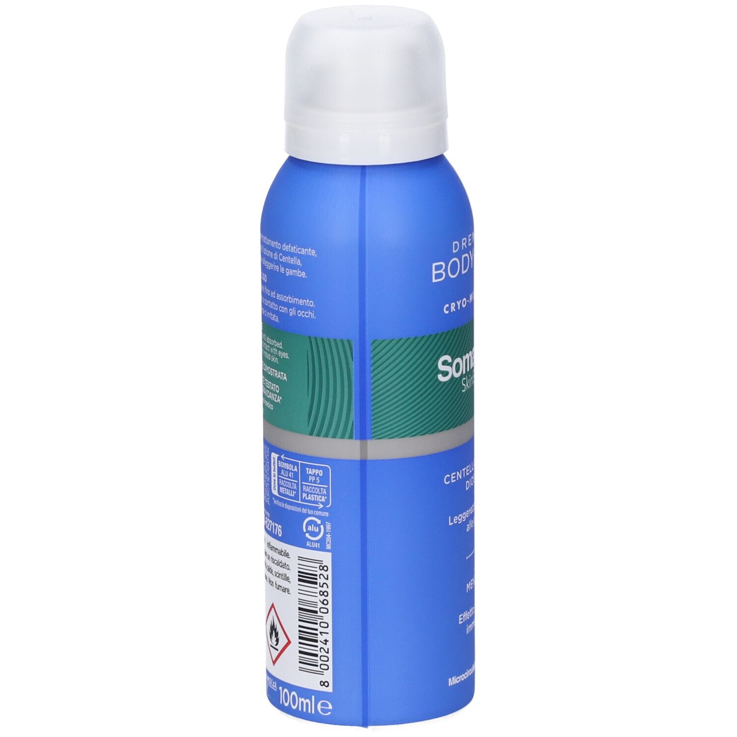Seitenansicht der blauen Somatoline Body-Dren Cryo-Mist Sprühflasche mit Informationen auf dem Etikett.
