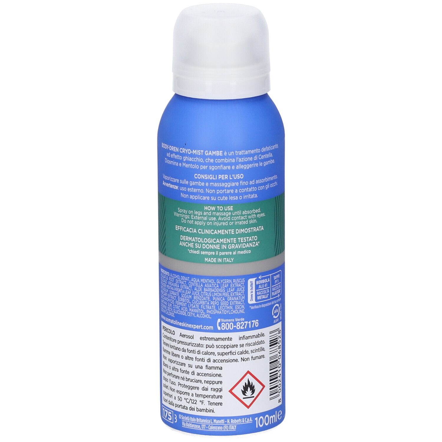 Rückansicht der blauen Somatoline Body-Dren Cryo-Mist Sprühflasche mit Anwendungshinweisen und Warnungen.