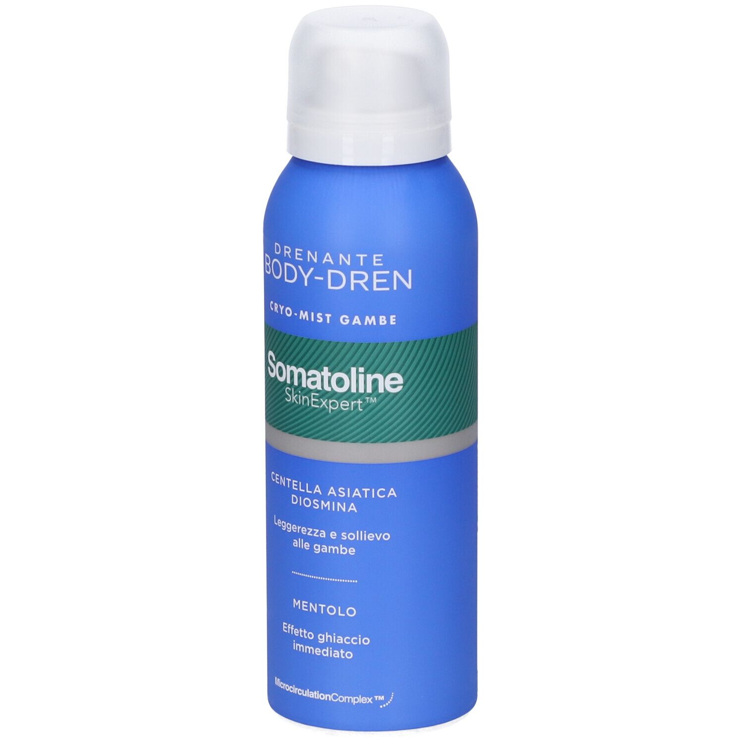 Vorderansicht der blauen Somatoline Body-Dren Cryo-Mist Sprühflasche mit weißem Verschluss.