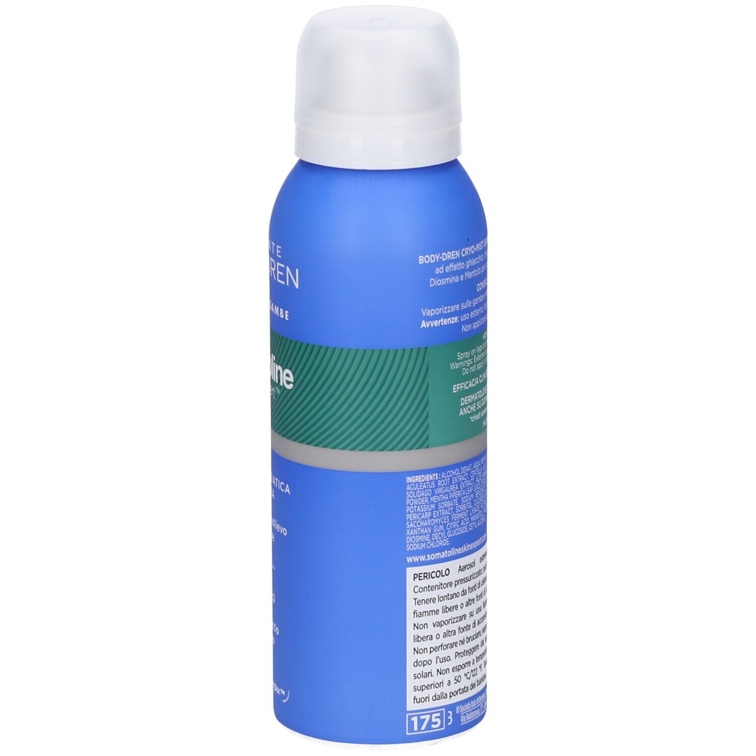 Seitenansicht der blauen Somatoline Body-Dren Cryo-Mist Sprühflasche mit Informationen auf dem Etikett.