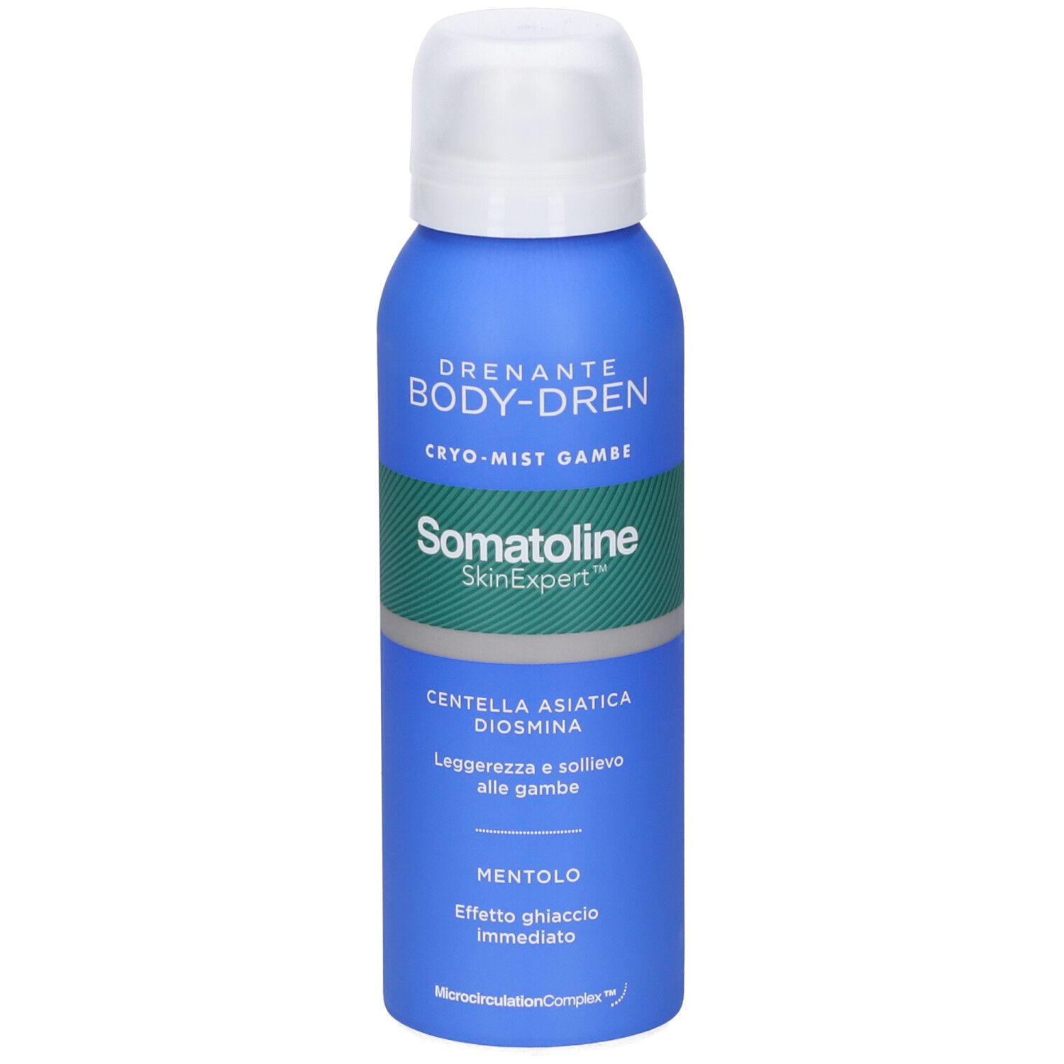 Vorderansicht der blauen Somatoline Body-Dren Cryo-Mist Sprühflasche mit weißem Verschluss.