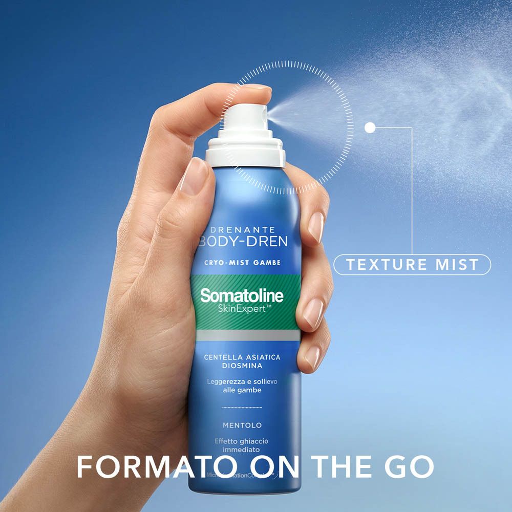 Hand sprüht Somatoline Body-Dren Cryo-Mist auf die Beine, "Texture Mist" und "Formato on the go" sind beschriftet.