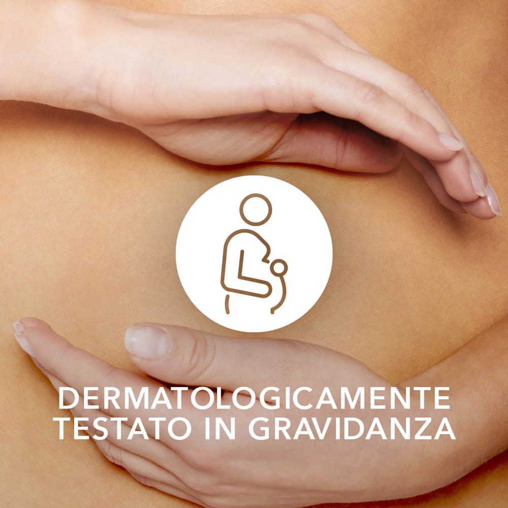 Hände umfassen einen Bauch mit einem Symbol für Schwangerschaft und der Aufschrift "Dermatologicamente testato in gravidanza".