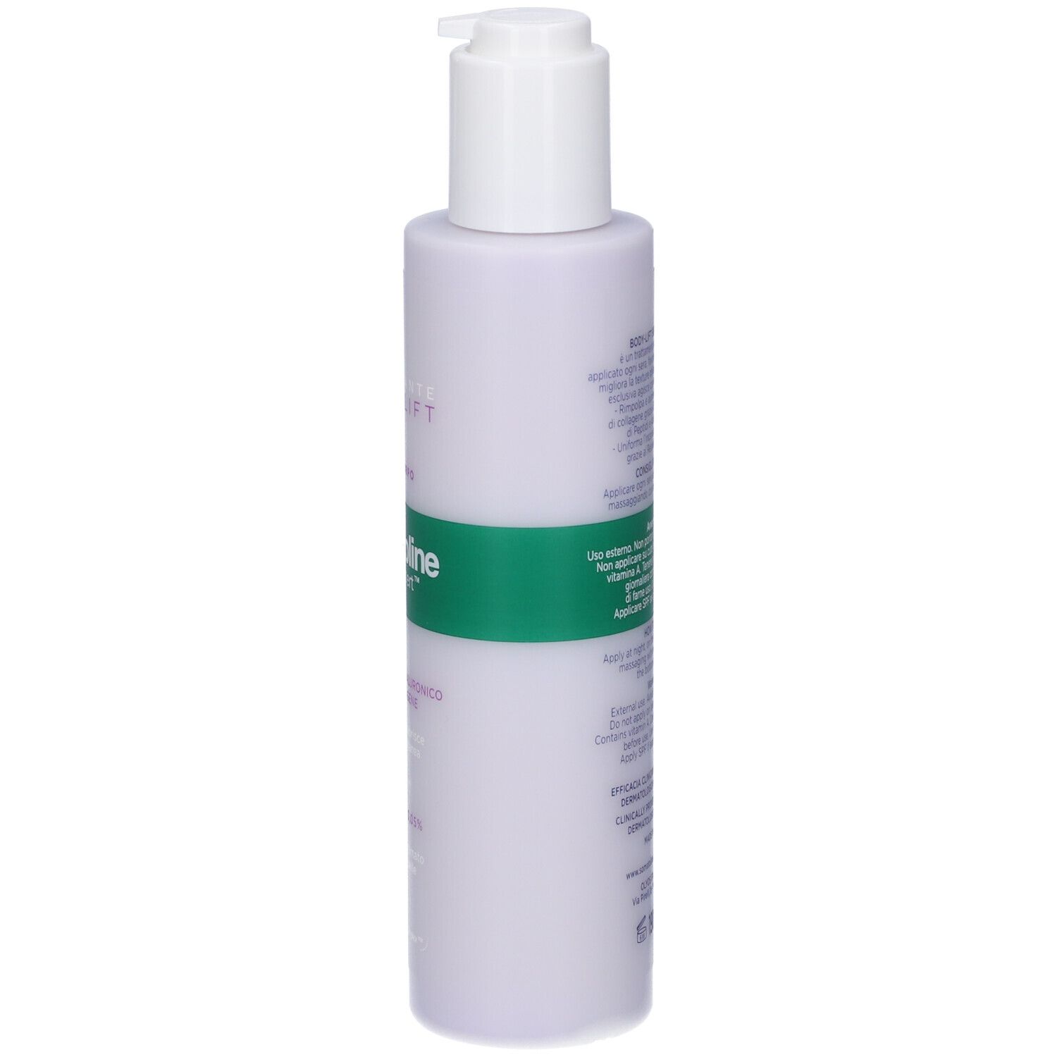 Helle lila Flasche mit weißem Pumpspender, beschriftet mit "Nuxe".