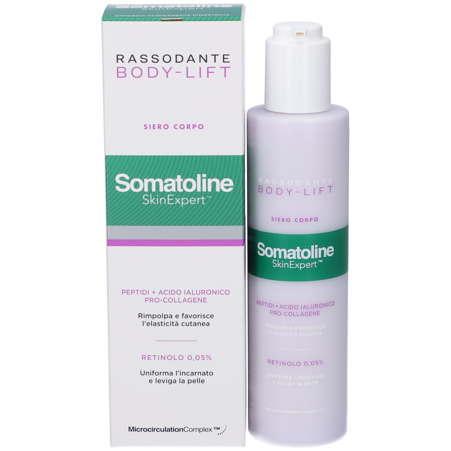 Somatoline SkinExpert Body-Lift Serum Körper mit Pumpspender und Umverpackung.