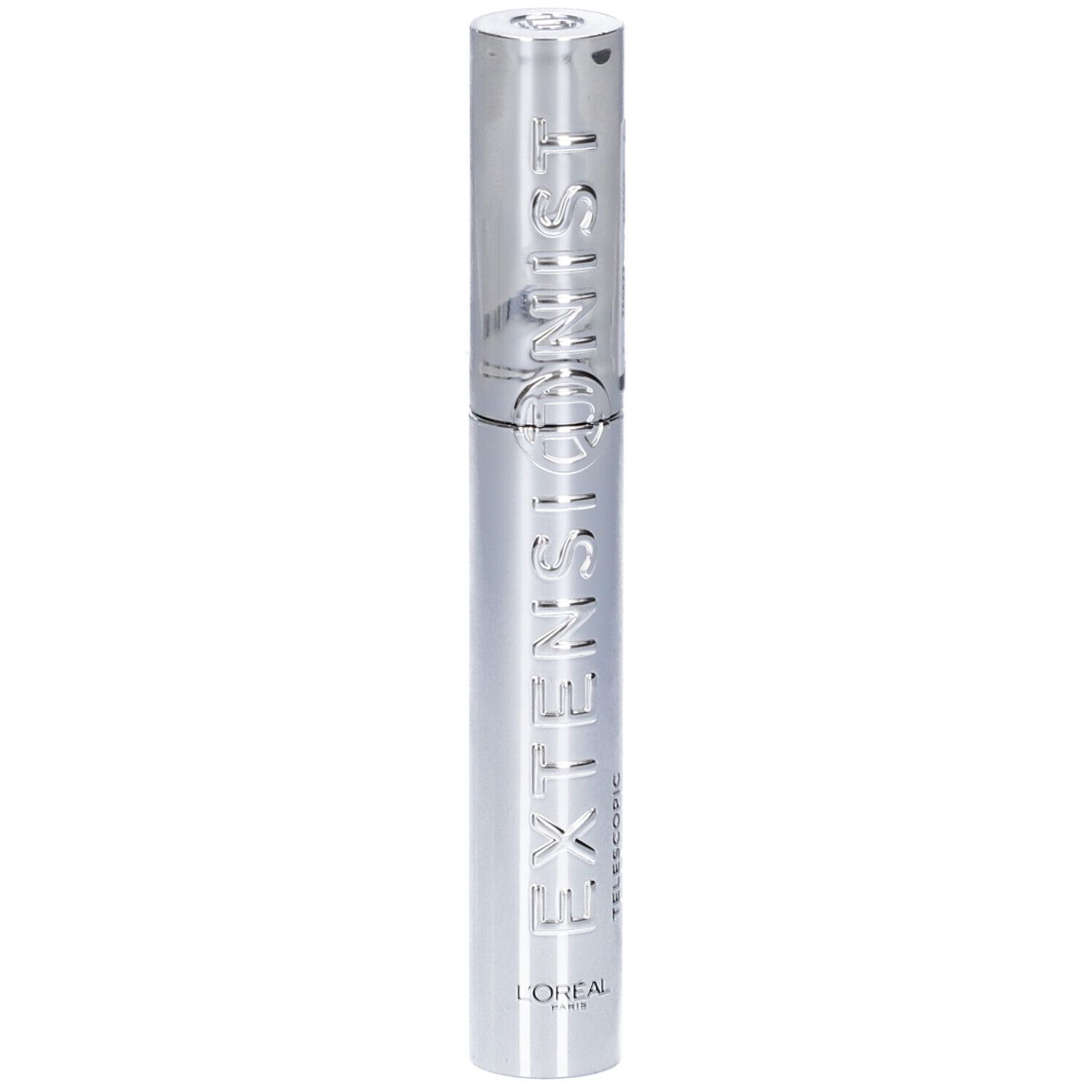 Confezione argentata di mascara con scritta in rilievo "EXTENSIST TELESCOPIC" e "L'OREAL PARIS".
