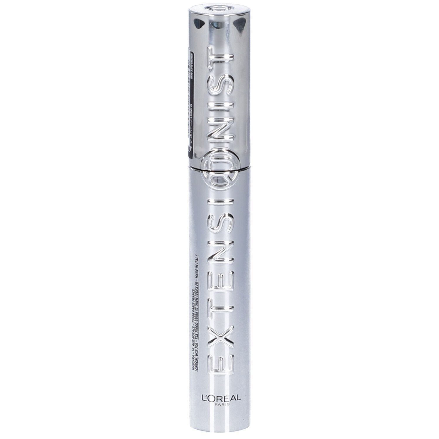 Confezione argento di mascara con scritta "EXTENSIVE" e "L'ORÉAL PARIS" in rilievo.