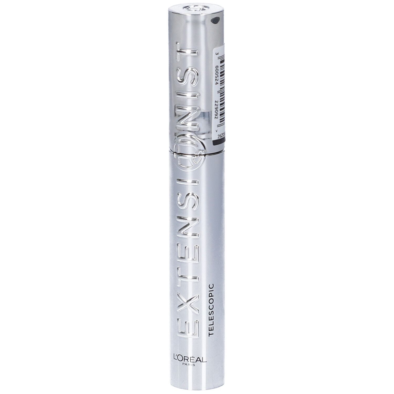 Confezione mascara argentata con scritte "EXTENSIONIST" e "TELESCOPIC". Logo L'ORÉAL Paris in basso.