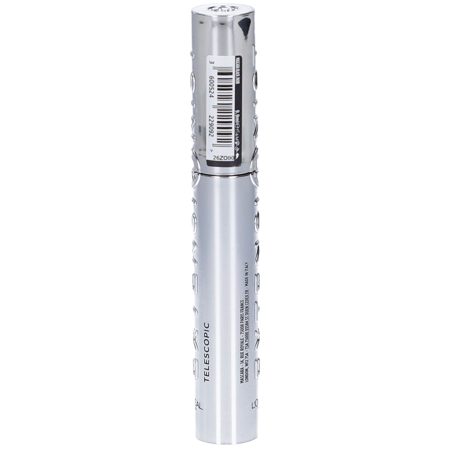 Tubo mascara argentato con motivo in rilievo e scritta "TELESCOPIC".