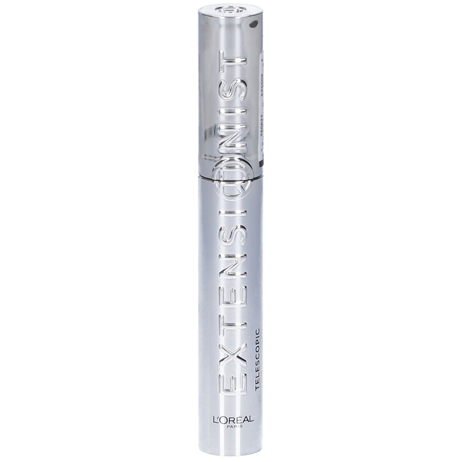 Tubo di mascara argentato con scritta "EXTENSIS TELESCOPIC" e "L'ORÉAL PARIS".
