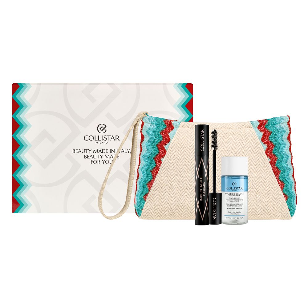 Pochette con mascara e struccante. Testo: Collistar Milano, Beauty Made in Italy, Beauty Made for You.