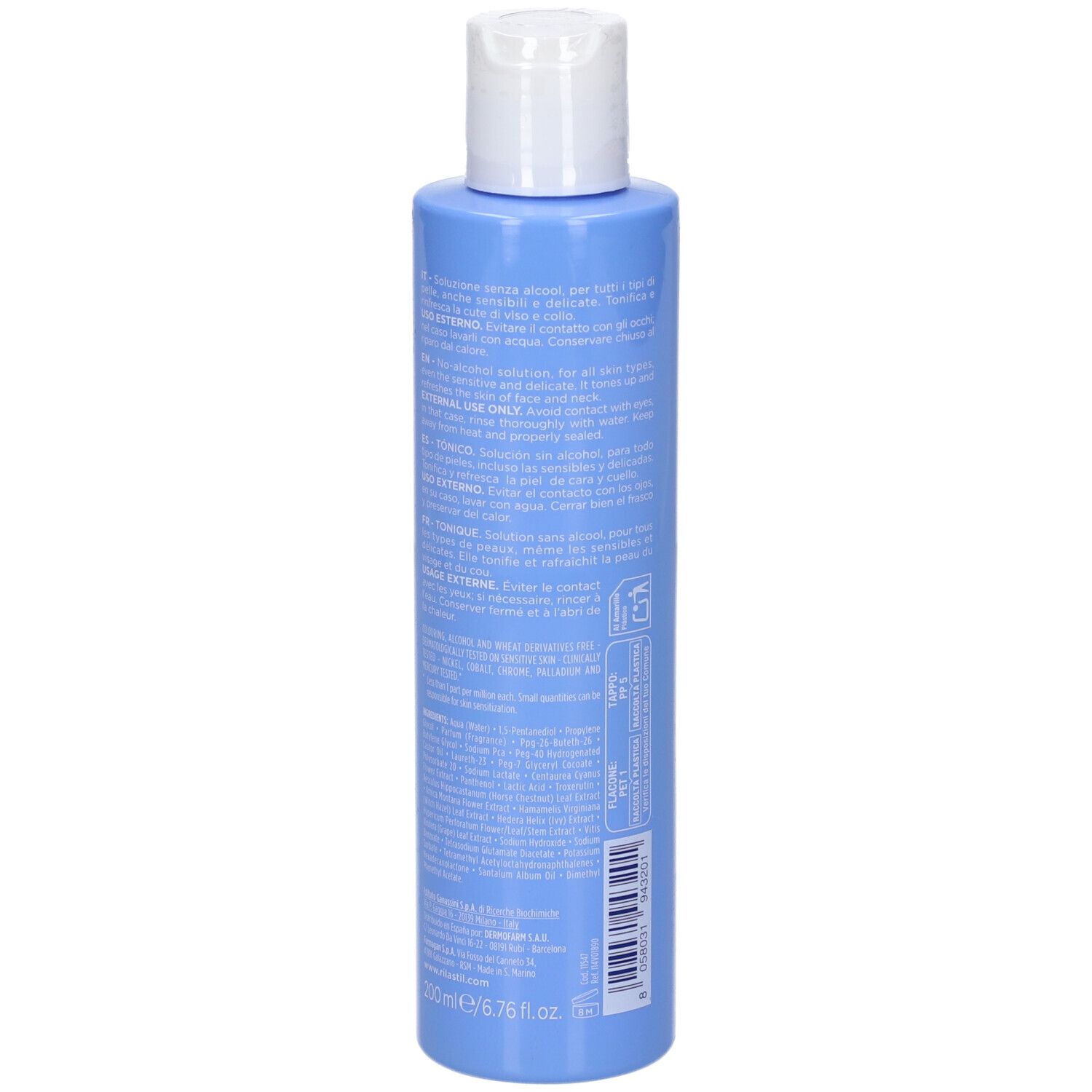 Rilastil Skin Reset Toner: Rückseite der blauen Flasche mit detaillierten Anwendungshinweisen und Inhaltsstoffen.