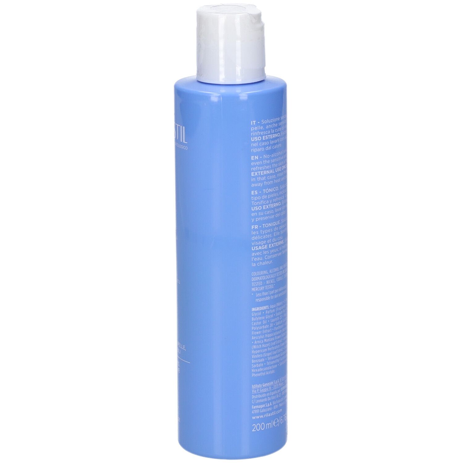 Rilastil Skin Reset Toner: Seitenansicht der blauen Flasche mit Produktinformationen.