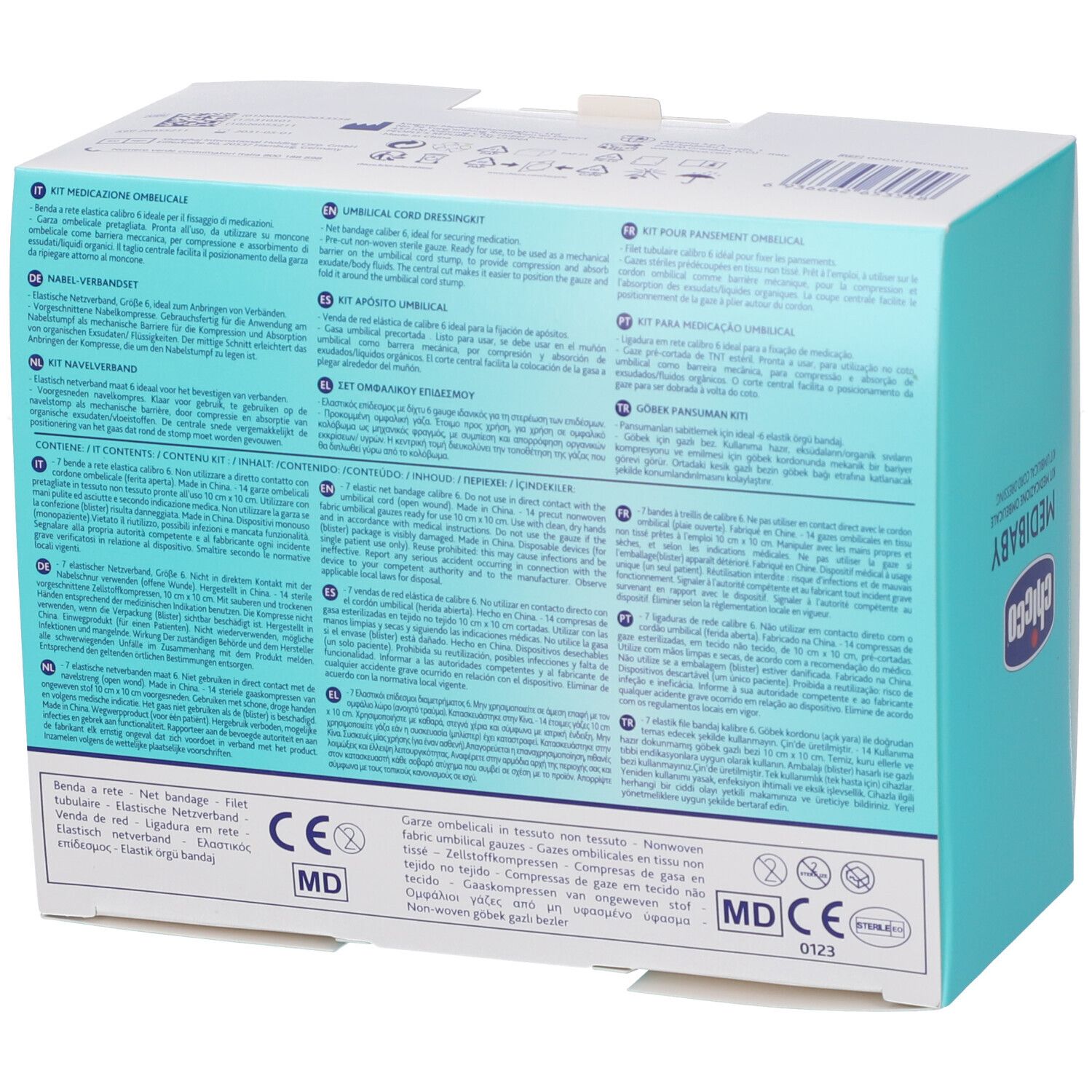 Verpackung eines Nabelpflege-Kits mit mehrsprachigen Anweisungen und CE- und MD-Zertifizierungen.