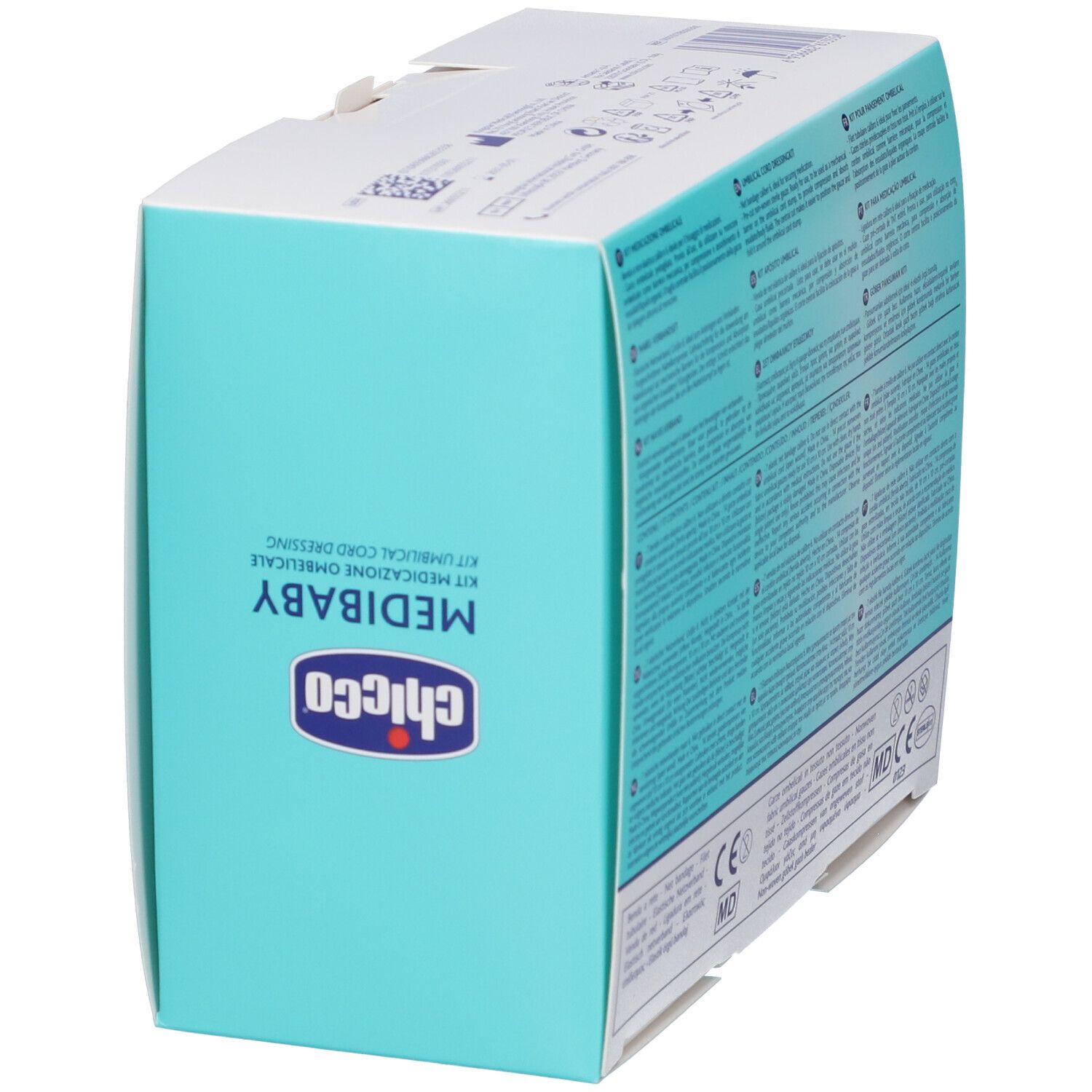 Chicco Medibaby Nabelpflege-Set. Hellblaue Verpackung mit Produktinformationen und CE-Kennzeichnung.