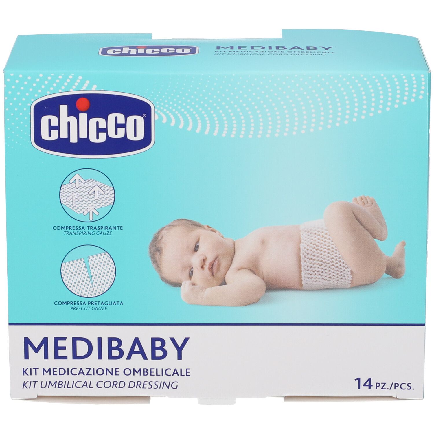 Chicco Medibaby Nabelpflege-Set, 14 Stück. Enthält atmungsaktive und vorgeschnittene Gaze.