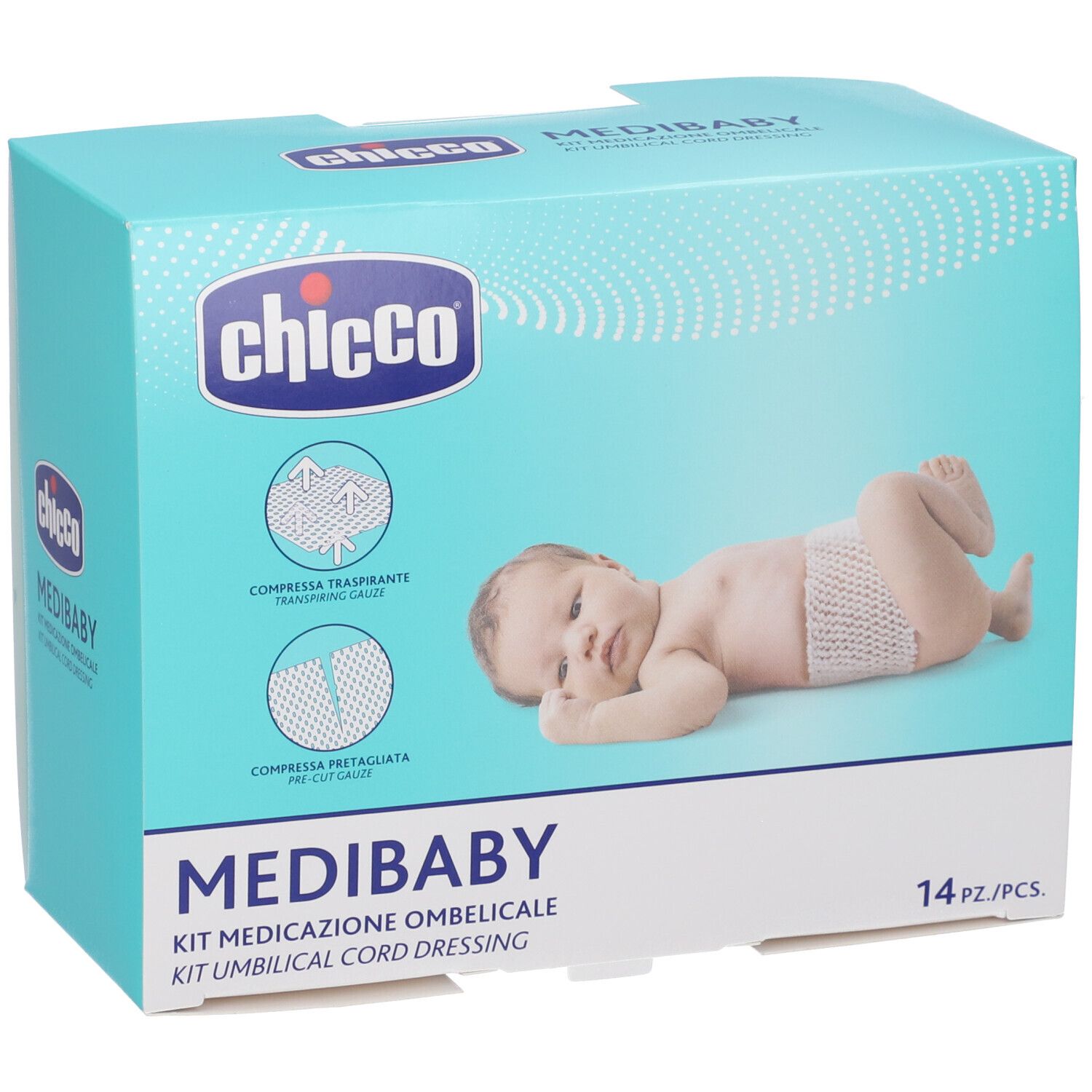Chicco Medibaby Nabelpflege-Set: 14 Stück. Atmungsaktive und vorgeschnittene Kompressen für Neugeborene.
