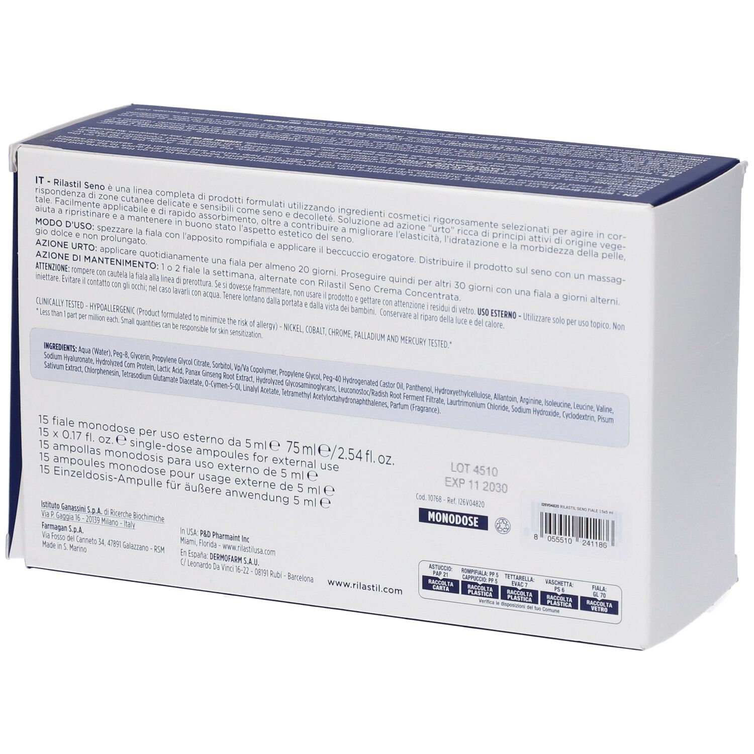 Rilastil Seno Fiale: Rückseite der Packung mit Anwendungsinformationen.