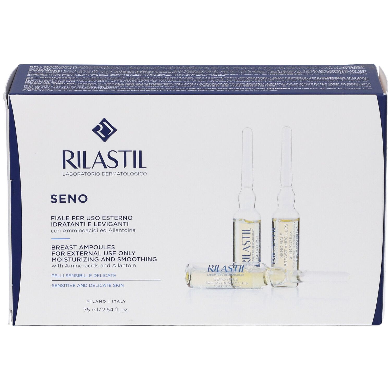 Rilastil Seno Fiale: Vorderseite der Packung mit drei Ampullen.