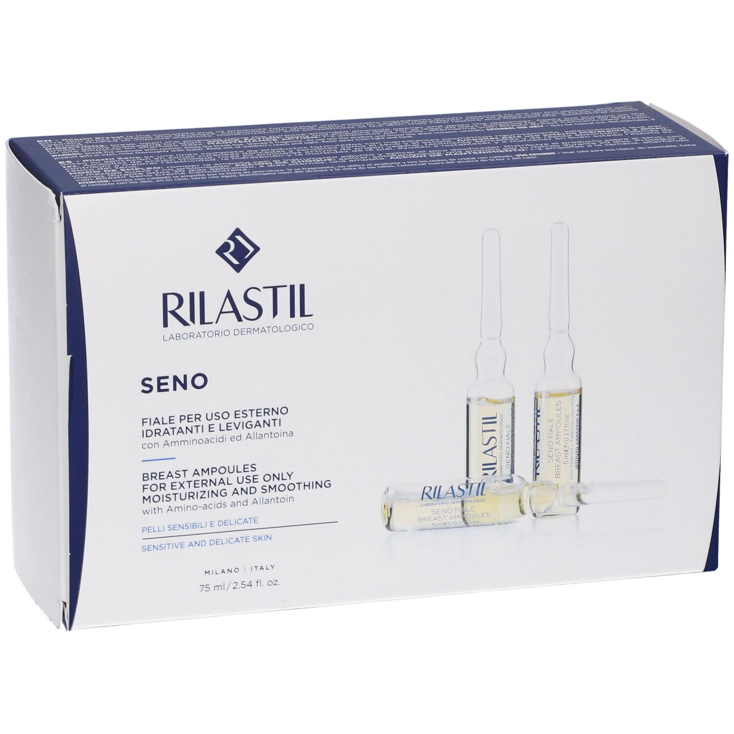 Rilastil Seno Fiale: Packung zeigt drei Ampullen, 75 ml Gesamtinhalt.
