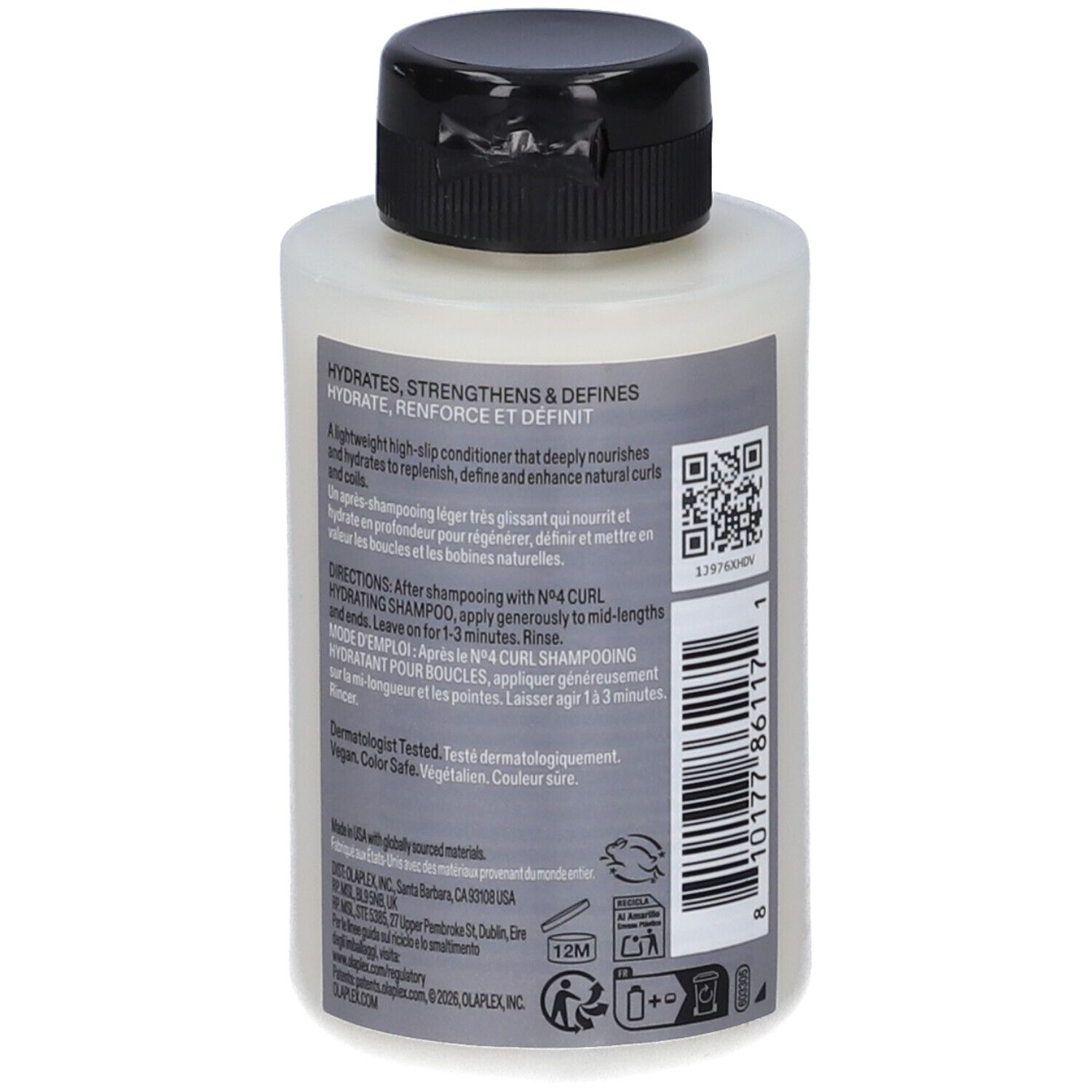Flacone bianco con tappo nero, contenente balsamo per capelli. Il testo sull'etichetta descrive idratazione, rafforzamento e definizione.